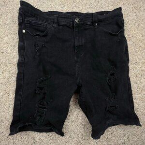 Rue 21 Premium Black Cutoff Jean Shorts Distressed Jorts Size 38 Elastic Waist
